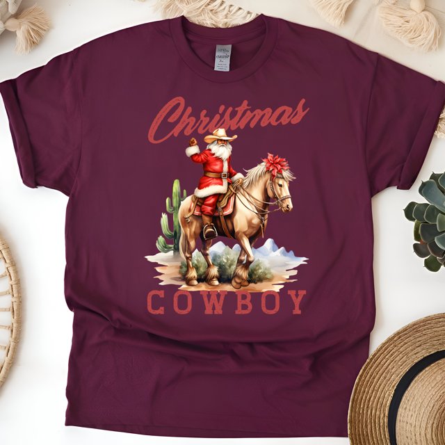Cowboy Santa Christmas T-Shirt | Western Holiday Graphic Tee, Maroon, Size S