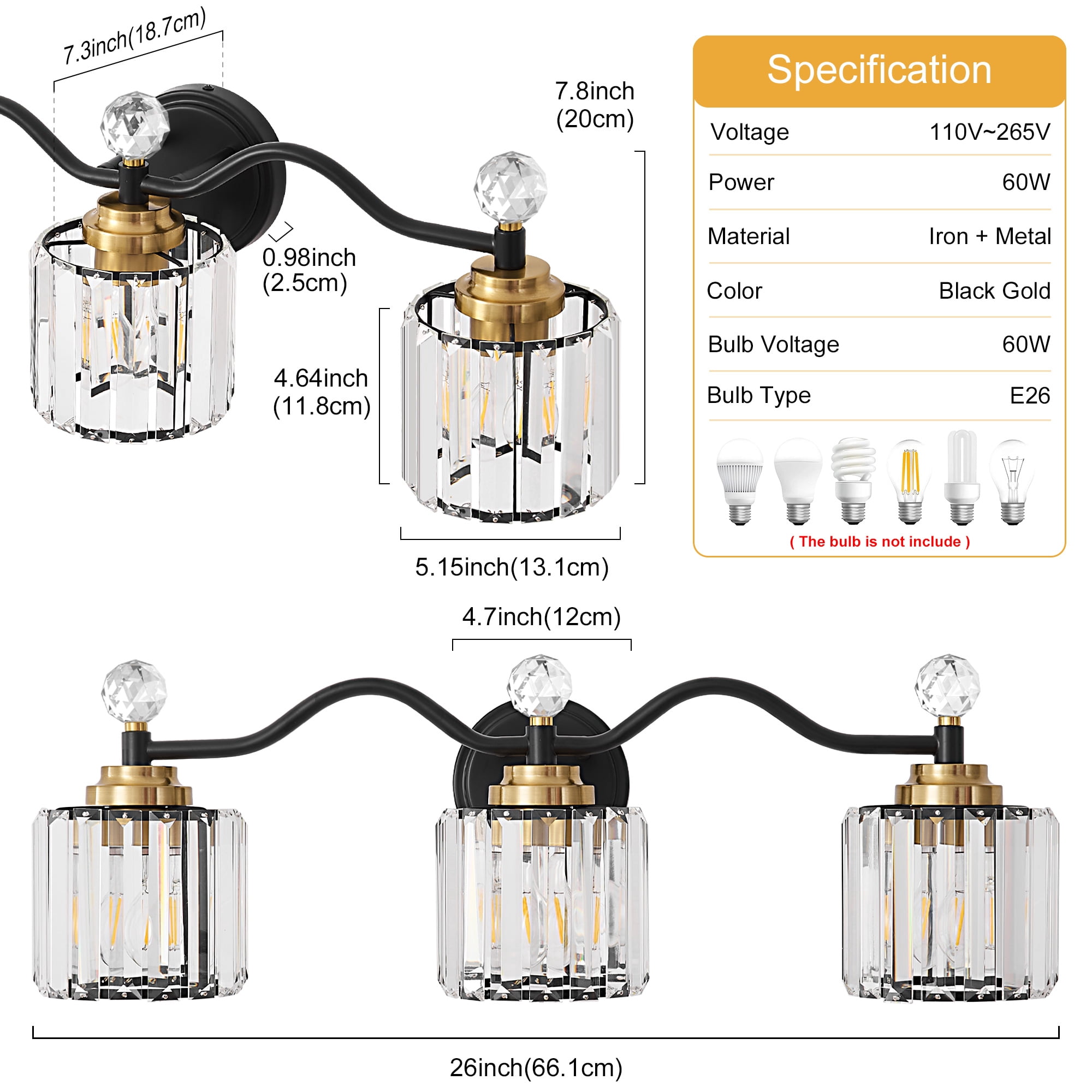 Deyidn 26" Modern 3-Light Black Gold Bathroom Vanity Light - Dimmable Bathroom Transitional Fixture with Crystal Glass Shades
