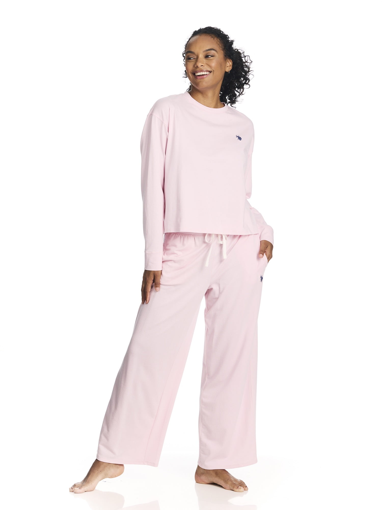 U.S. Polo Assn. Women's Long Sleeve Cotton Span Top and French Terry Wide Leg Pant Pajama Sleep Set, 2-Piece, Sizes S-3X