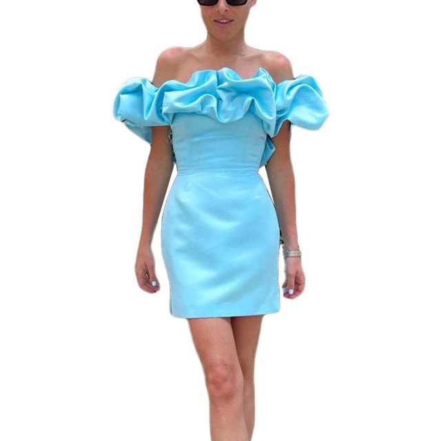 VISgogo, vestido de tubo de verano para mujer, minivestido ajustado con hombros descubiertos y volantes de Color sólido para mujer VISgogo moda