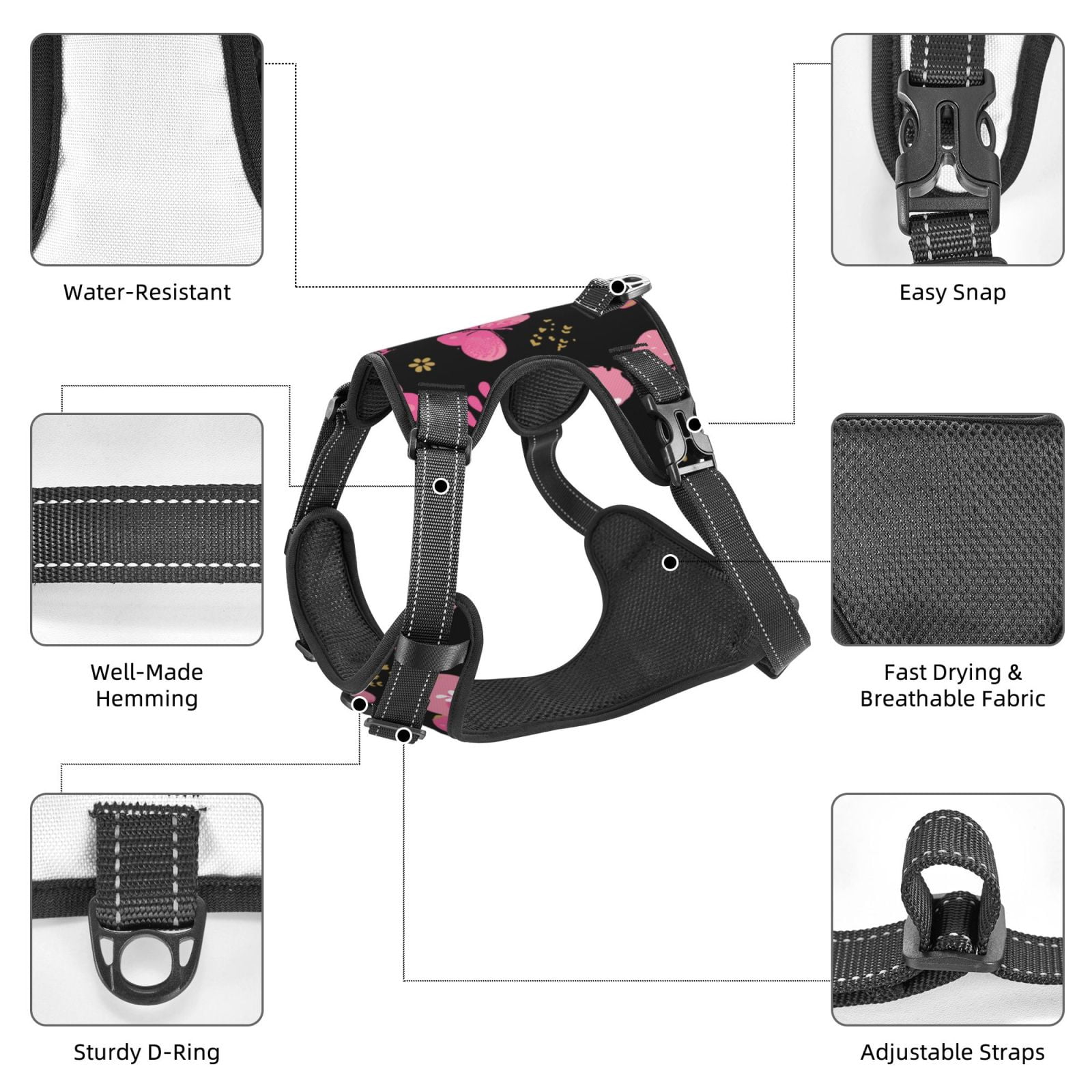 Fuzoiu Girl Butterfly Print Reflective Dog Harness,Adjustable, Breathable Pet Vest,Dog Harness No Pull,No Choke Pet Vest for Small, Medium, and Large Dogs-Large