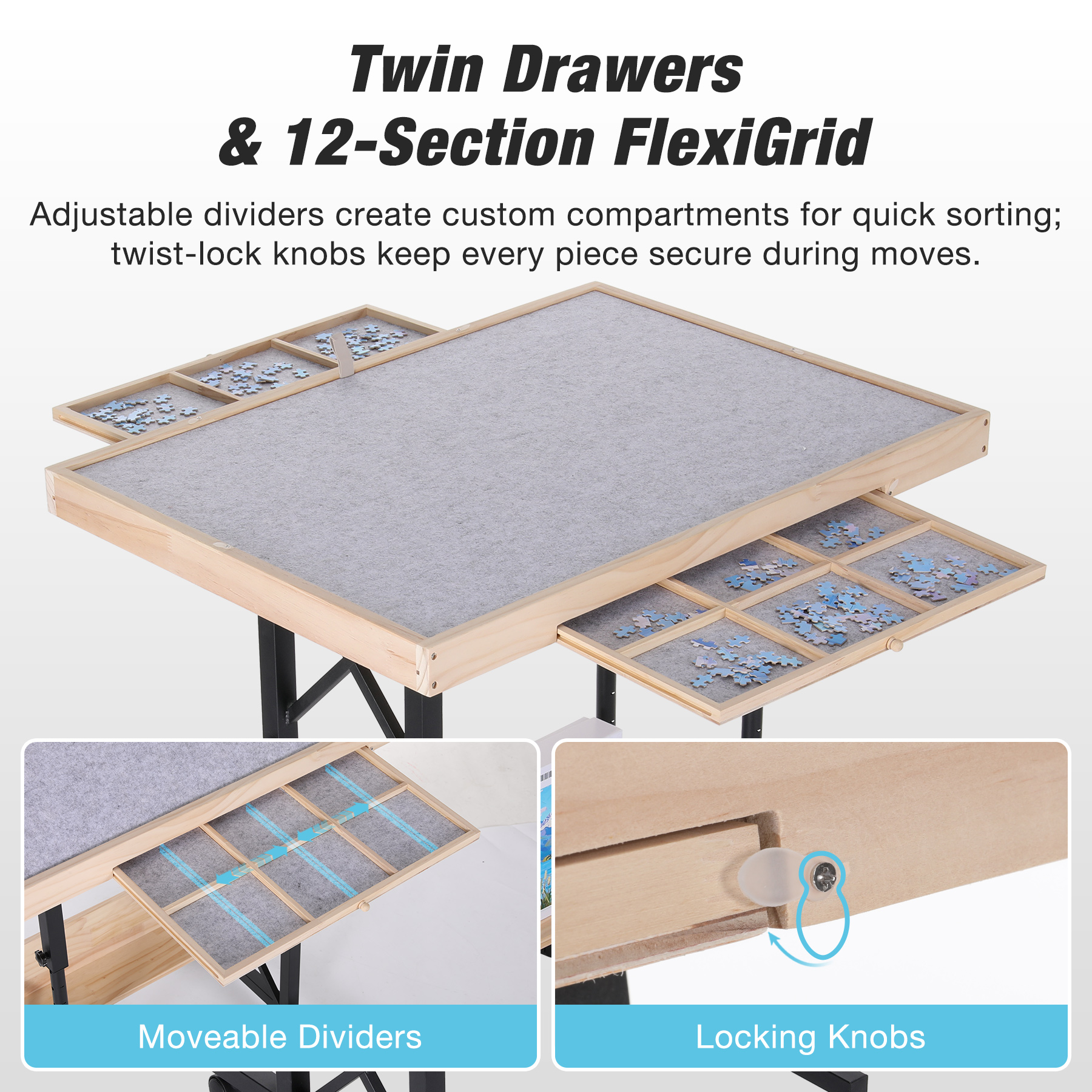 FUNTOK 1500 Pieces Puzzle Table with 4 Wheels, Adjustable Jigsaw Table with Drawers in Height Angle with Cover, Upgraded Stability for Adults