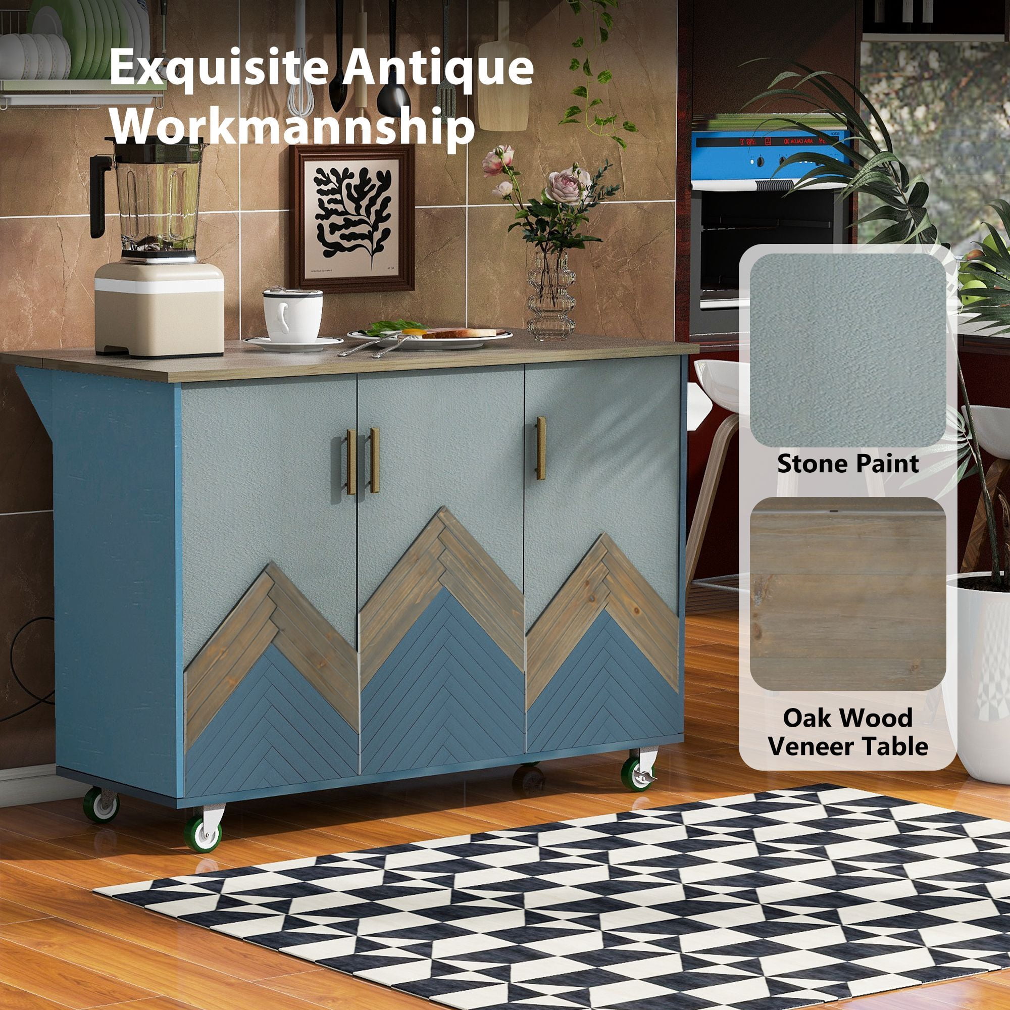 DEALTOPS 51"L Retro Mountain Wood Rolling Kitchen Island with Drop Leaf, Internal Storage Rack for Dining Room-Navy Blue