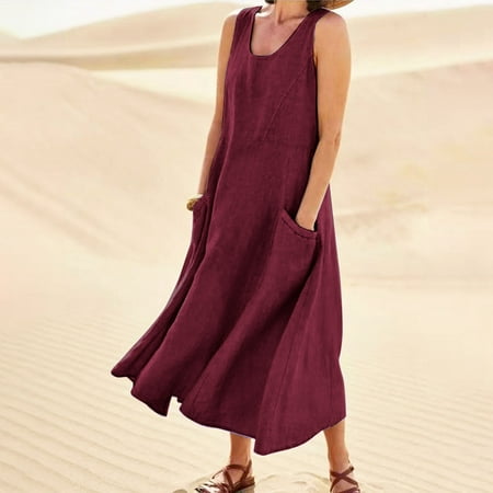 Baqcunre Womens Dresses Womens Solid Color Round Neck Pockets Casual Long Dress Daily Tank Dress Holiday Dresses for Women Long Dresses for Women Casual Dresses for Women Wine Dresses 5XL