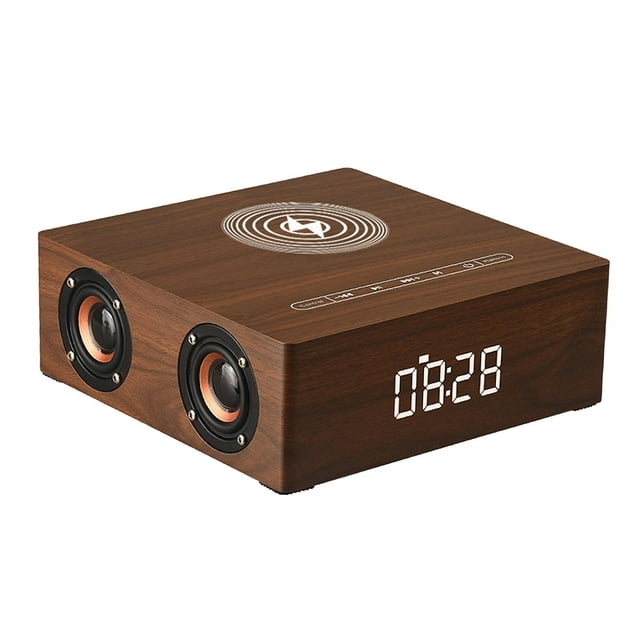 Reloj despertador digital LED eléctrico de madera con base de carga inalámbrica y altavoz Bluetooth marrón