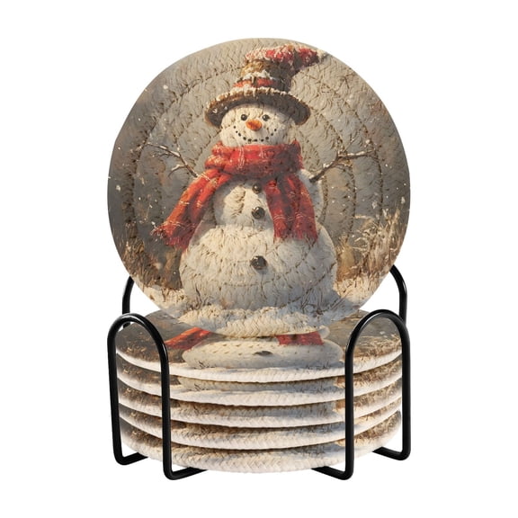 Snowman with Christmas Hat Coasters with Holder for Coffee Table 6 Pcs Drink Coaster Sets Absorbent for Home Decor 4 inch