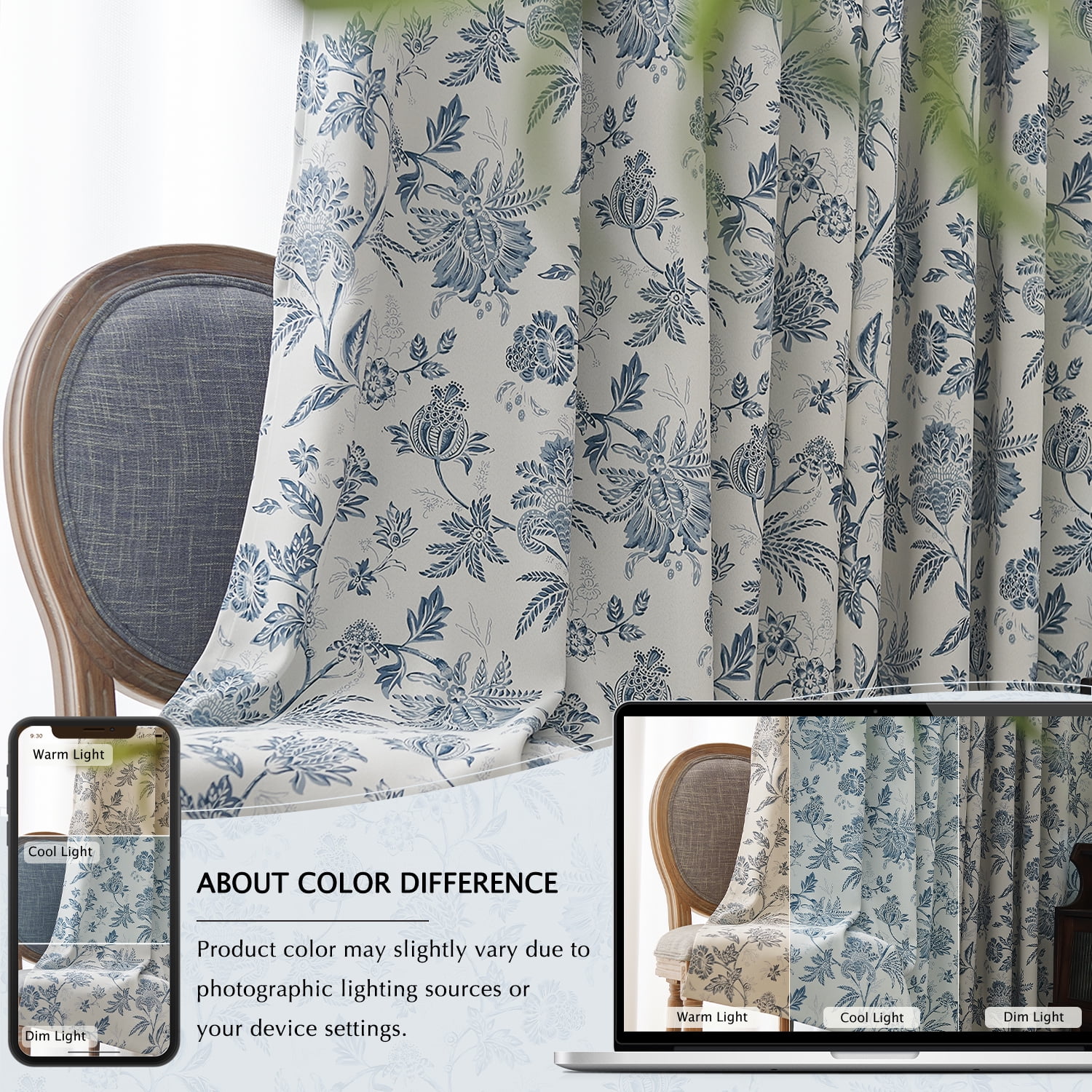 Curtainking Luxury Look Farmhouse Blue Floral Print Rod Pocket Blackout Curtains, 96" (2 Panels)