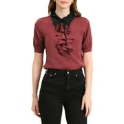Allegra K Women's Contrast Collar Tie Ruffle Front Button Short Sleeve Work Shirt