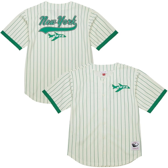 Men's-Mitchell & Ness  Cream New York Jets Vintage Logo Final Seconds Full-Button Mesh Top