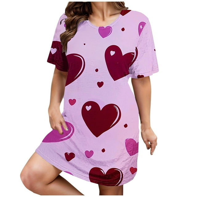 RANJIE Nuisette pour Femme Grande Taille à Imprimé Cœur, Manches Courtes, Col Ras du Cou, Coupe Ample, Robe de Nuit pour la Saint-Valentin, Rouge 4TG