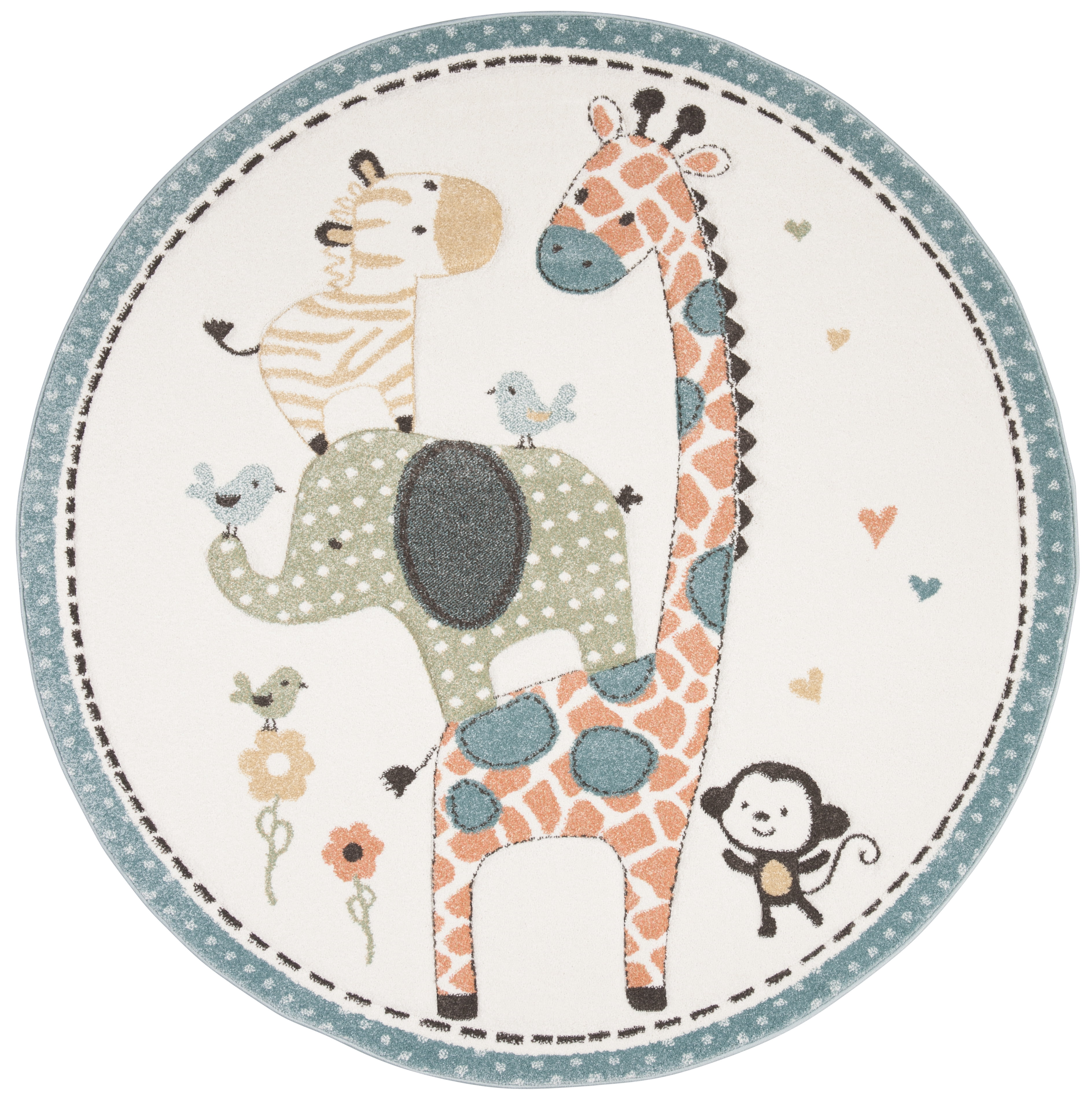 SAFAVIEH Carousel Kids Taneka Animals at Play Area Rug, Ivory, 5'3" x 5'3" Round