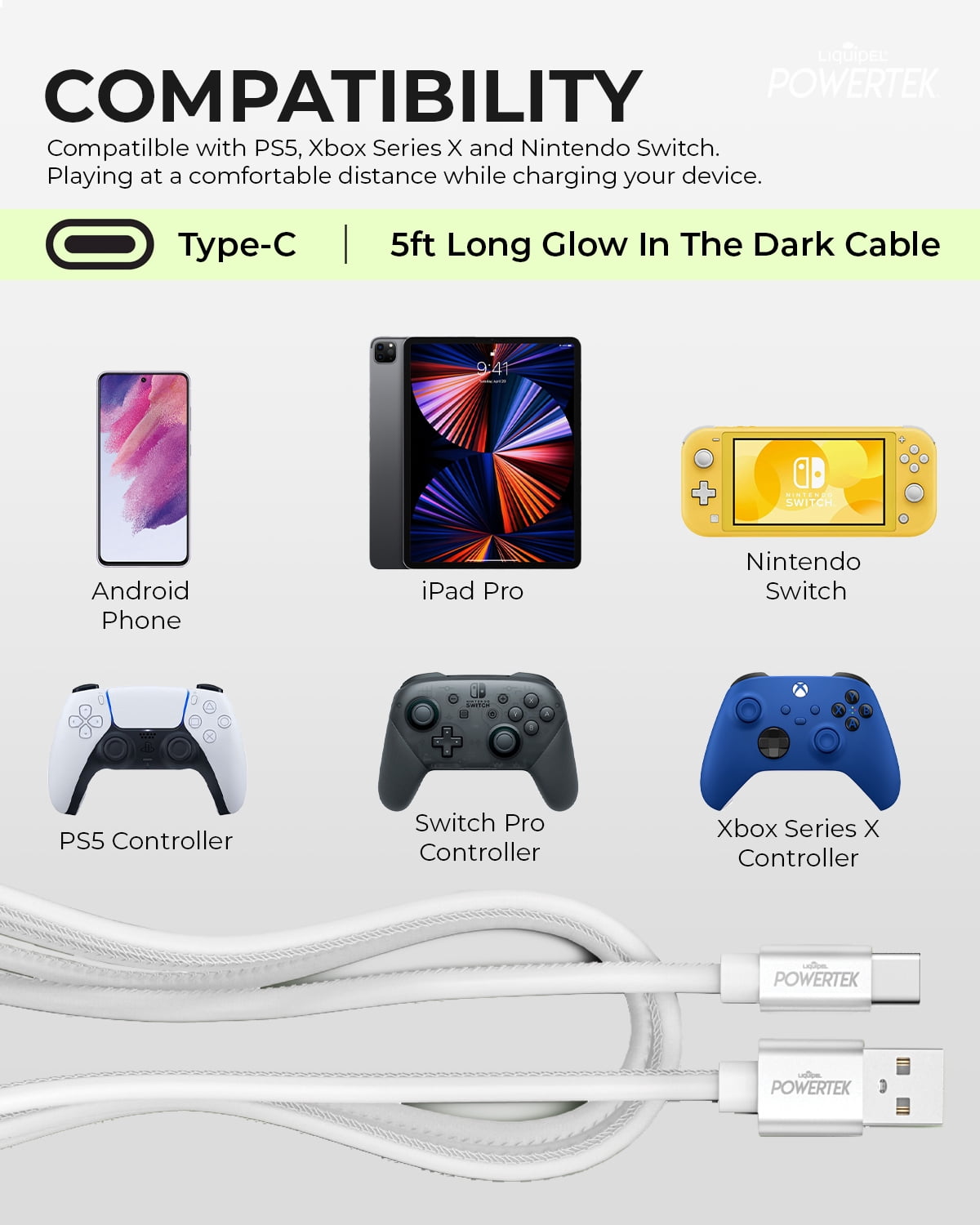 Liquipel Powertek Glow in Dark Cable Type C - White