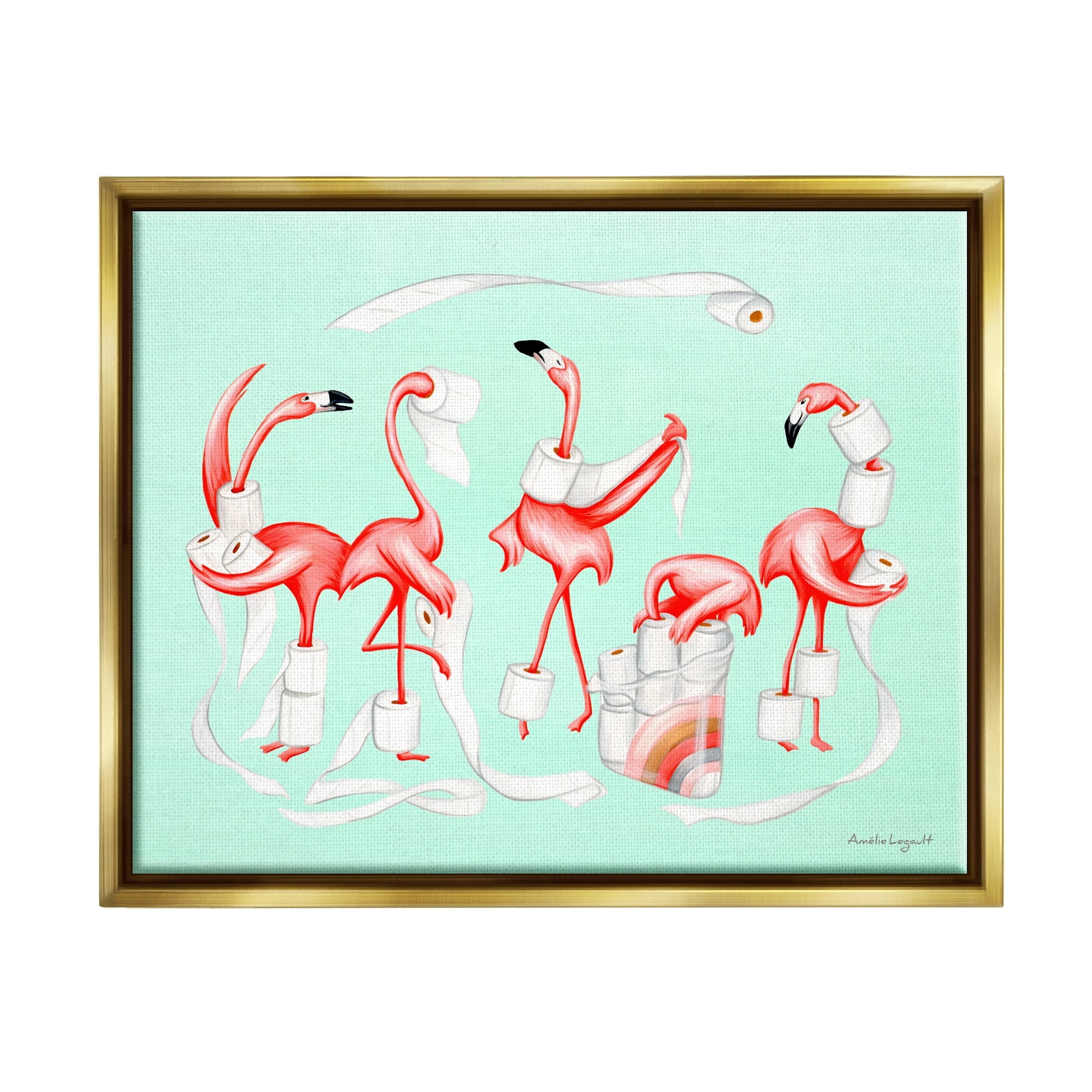 Stupell Industries Silly Flamingos Toilet Paper Rolls Bathroom Illustration Graphic Art Metallic Gold Floating Framed Canvas Print Wall Art, Design by Amelie Legault