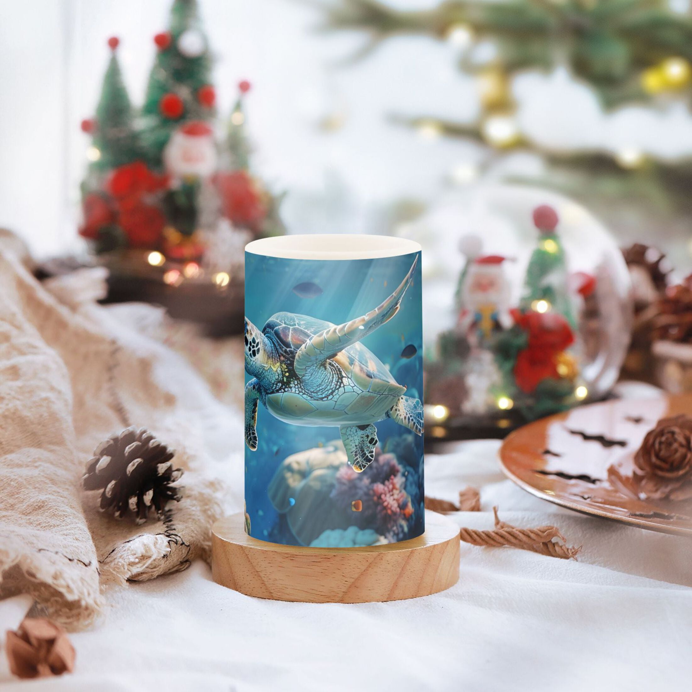 Sea Turtle Beautiful Corals Flickering Flameless Candles LED Tealight Battery Operated with Remote Set of 2 Holiday Decor Ornaments