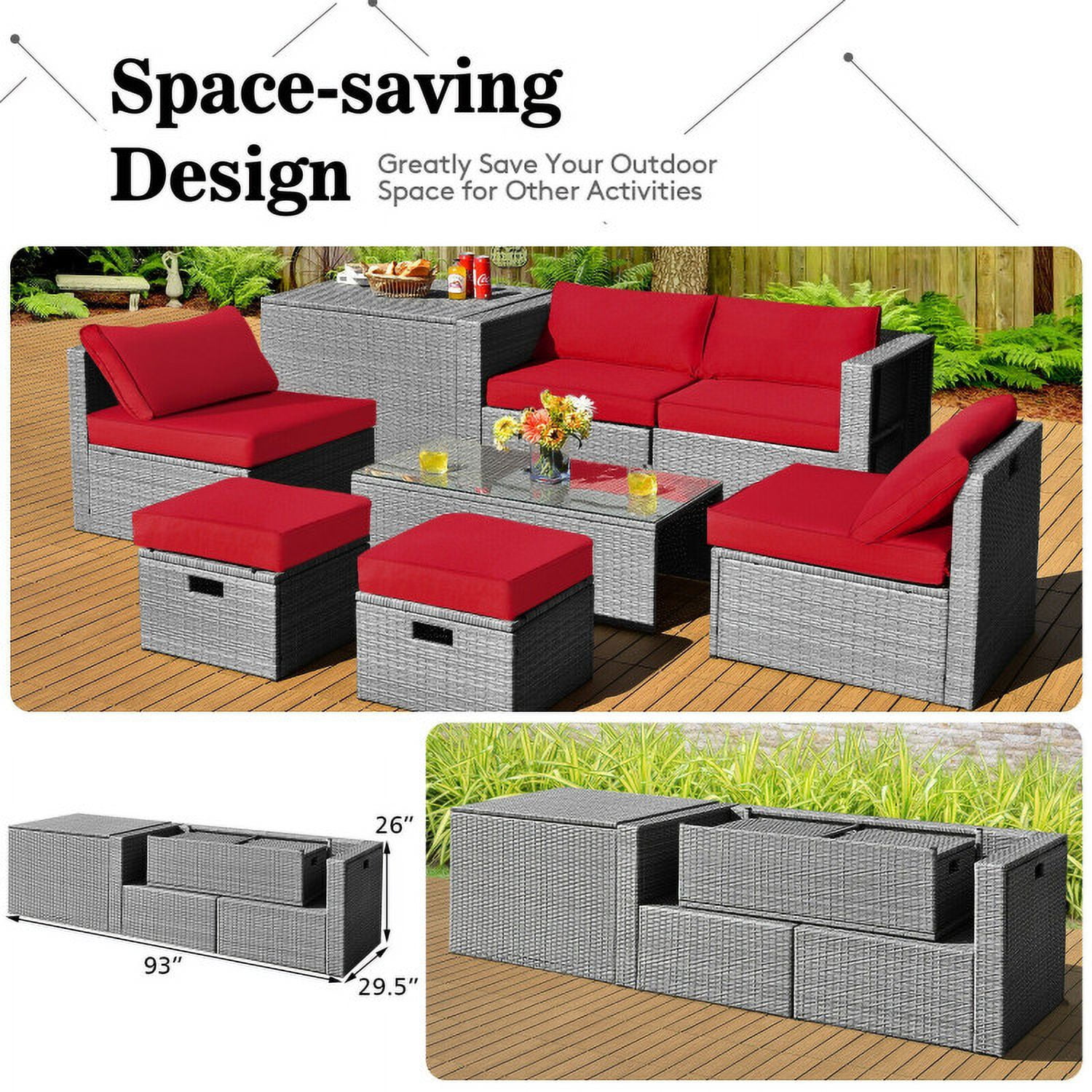Aimee Lii 8 Pieces Patio Rattan Furniture Set with Storage Waterproof Cover and Cushion, Outdoor Patio Set, Red Aimee Lii 8 Pieces Patio Rattan Furniture Set with Storage Waterproof Cover and Cushion, Outdoor Patio Set, Red