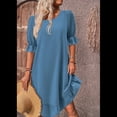 thumbnail image 4 of Vestido Corto Holgado con Mangas Abullonadas, Bajo con Volantes, Cuello Redondo y Fruncido, Color Azul Pavo Real XL, 4 of 10