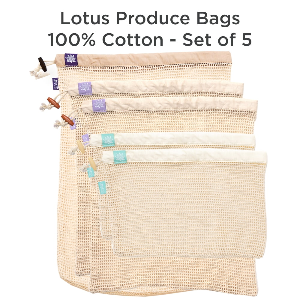 Lotus Sustainables Reusable Produce Bags 100% Organic Cotton Set of 5