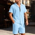 thumbnail image 3 of Havenx Men's 2 Piece Outfit Button Down Short Sleeve Drawstring Shirt and Shorts Set Lapel Collar Textured Set Summer Beach Vacation Comfortable Athletic Outfits Tracksuit,Light Blue 3XL, 3 of 6