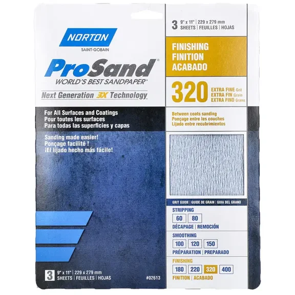 Norton Abrasives Sandpaper Sheet,Very Fine,320 Grit,PK3 07660768157