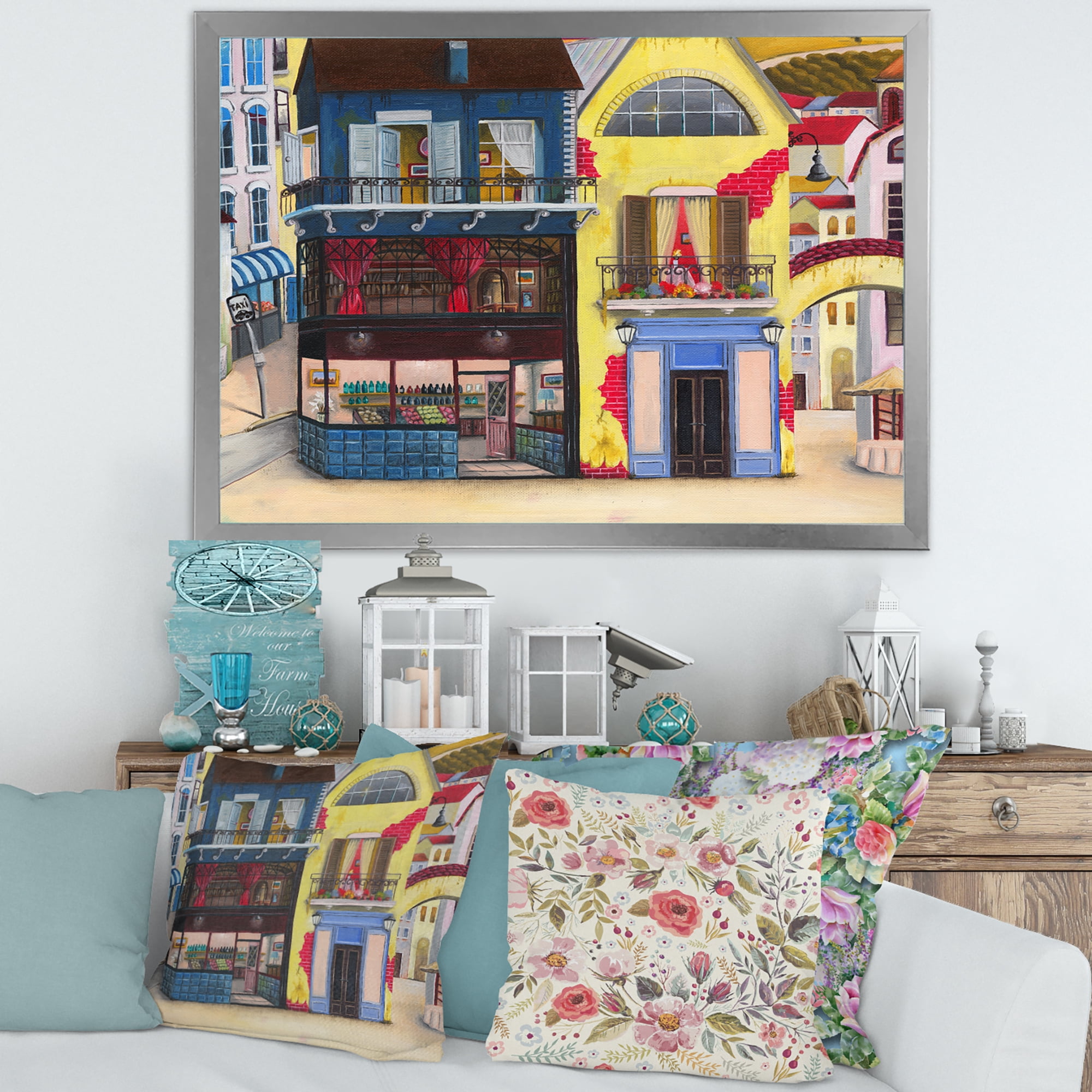 Designart 'The Colorful Facade of The Buildings In A Cozy Streets' French Country Framed Art Print