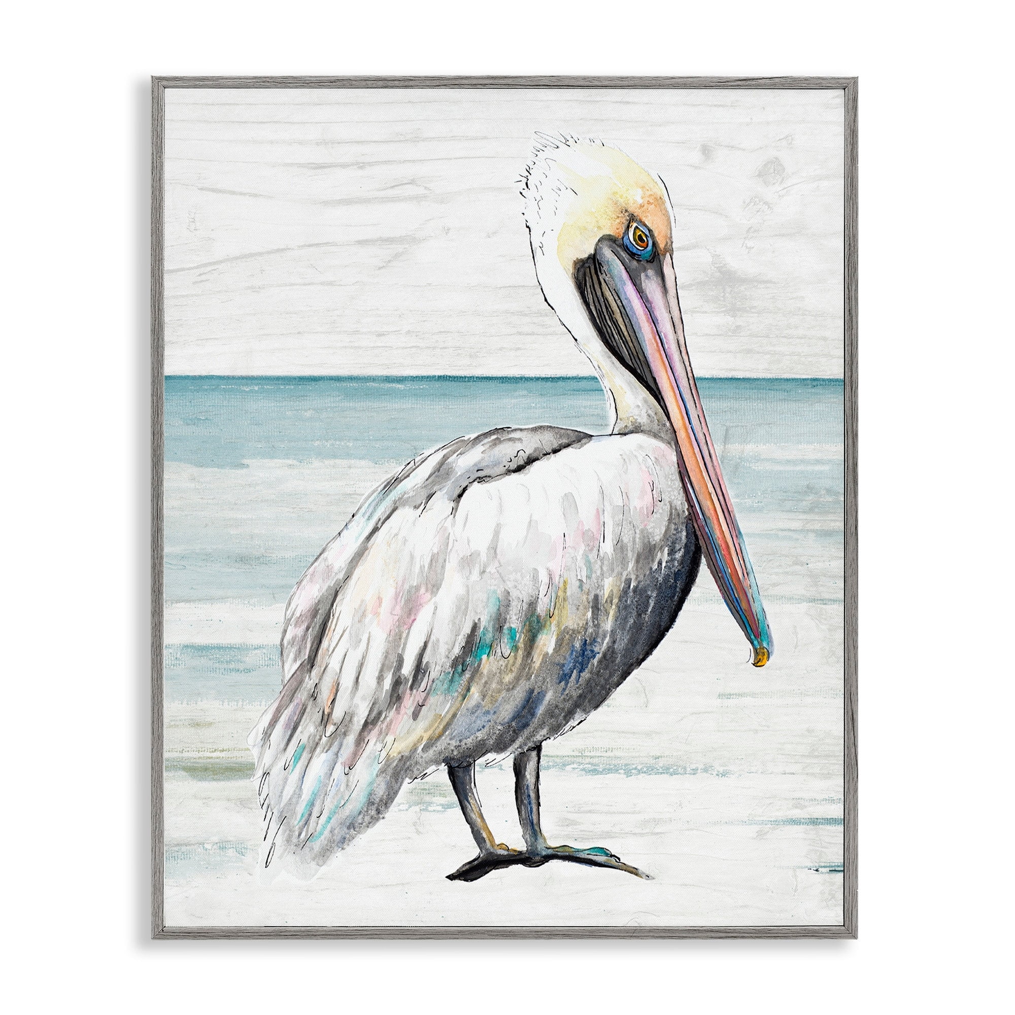 Stupell Industries Rustic Pelican Bird Beach Shoreline Portrait Graphic Art Gray Framed Art Print Wall Art, Design by Patricia Pinto