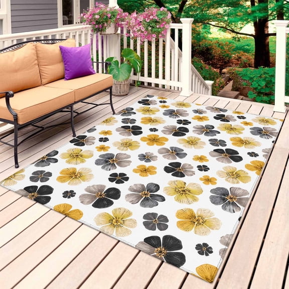 Botanical Flowers Outdoor Rug for Patio/Deck/Porch, Non-Slip Large Area Rug 5 x 8 Ft, Farmhouse Yellow Gray Floral Plants Indoor Outdoor Rugs Washable Area Rugs, Reversible Camping Rug Carpet Runner