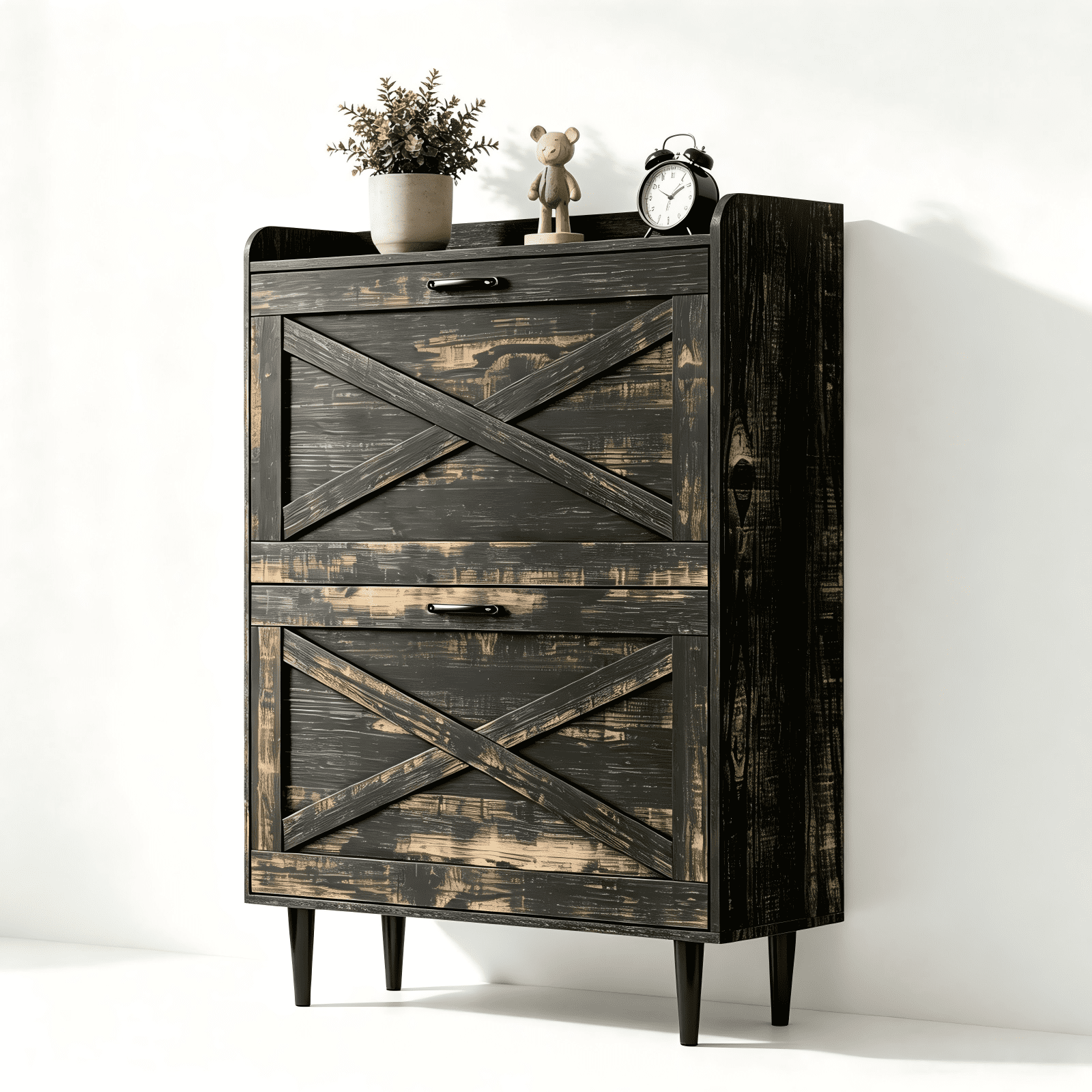 2-Drawer Top-Mounted Barn Door Shoe Cabinet, Melamine Board Embossed MDF, Black Oak, 31.61 x 9.45 x 39.37 in