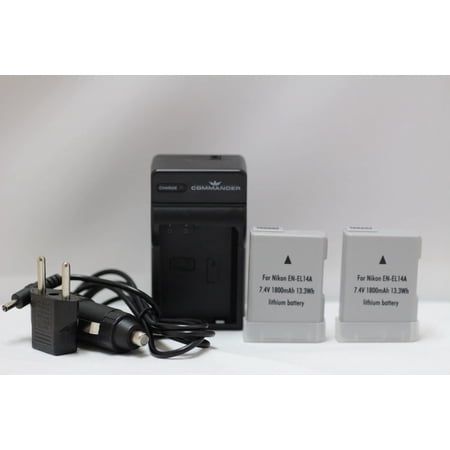 2 Pack Nikon EN-EL14/EN-EL14A Li-Ion Battery Replacement and Charger by Commander for Nikon D3100  D3200  D3300  D5100  D5200 and D5300 Digital Cameras