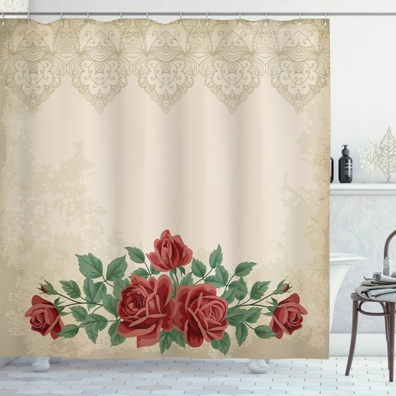 Ambesonne Glamour Shower Curtain, Vintage Love Red Roses, 69"Wx84"L, Beige Green