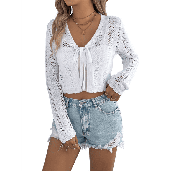 Women's Light-Weight Shrugs Crochet Sweaters Tie Front 3/4 Sleeve Cropped Cardigan for Spring Summer White L