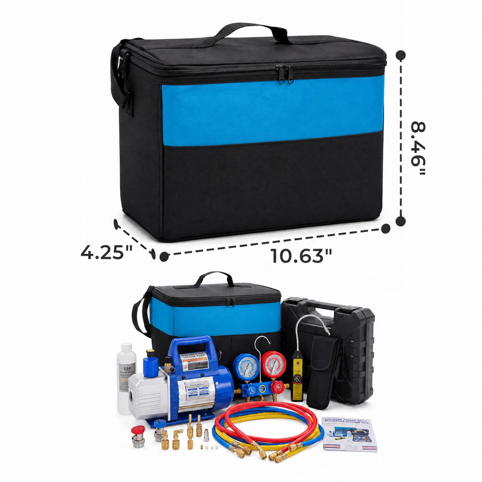 Alvantor 1/3HP 4CFM Vacuum Pump Kit with R13a R410A R22 R112 R410A Manifold Gauge Set, Leak Detector, R134a Quick Couplers, Can Tap & Carry Bag for AC Refrigeration Recharge