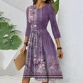 thumbnail image 4 of WTOBBY Women's Chic Floral Print Waistband Round Neck 3/4 Sleeve Dress, Flowy Midi Sundress with Comfort Fit for Daily Activities,Purple S, 4 of 5