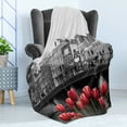 thumbnail image 4 of Black and White Soft Flannel Fleece Throw Blanket, Monochrome Photo of Amsterdam Canal with Red Tulips and Houses, Cozy Plush for Indoor and Outdoor Use, 60" x 80", Black White and Red, by Ambesonne, 4 of 5