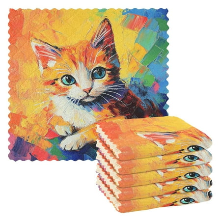 

6 Pieces Thickened Double Polyester Fleece Kitchen Towel - 28x28cm Strongly Absorb Water & Oil Stain Removal，A Colorful Cat