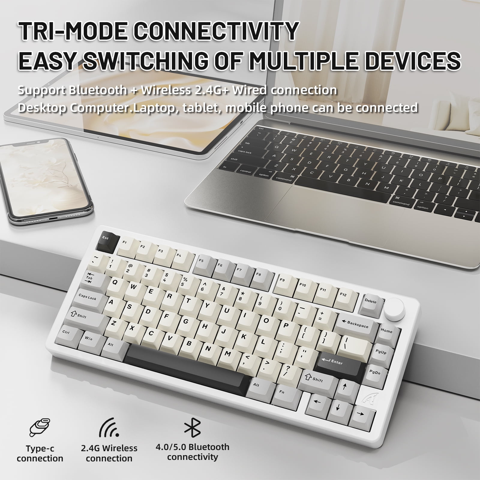 ATTACK SHARK X86 75% Wireless Gasket Mechanical Keyboard with Knob, CNC Aluminum Turd, 3 Mode Connectivity,82 Key Hot Swappable,Custom Linear Switches RGB Gaming Keyboard for Win/Mac/Linux-Star White