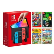 Nintendo Switch OLED Model Neon Red and Blue Joy Con 64GB Console HD Screen and LAN-Port Dock with Multiplayer 4 Game Co-Op Set and Mytrix Accessories - Local Co-op Games Best for Two Players 2021 New