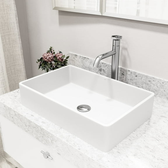 VIGO Matte Stone Magnolia Composite Rectangular Vessel Bathroom Sink in White with Faucet and Pop-Up Drain in Brushed Nickel-VGT2059
