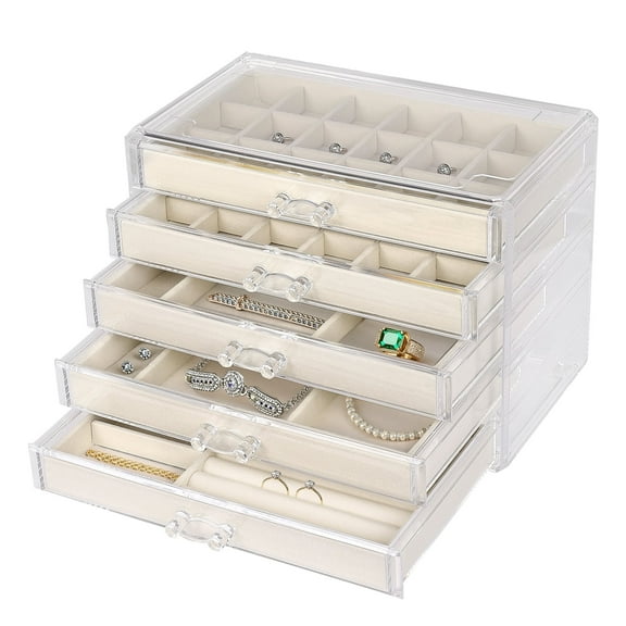 Acrylic Jewelry Box with 5 Drawers, Clear Rings Earring Organizer Display Case Necklaces Holder Tray for Women Girls (Beige)