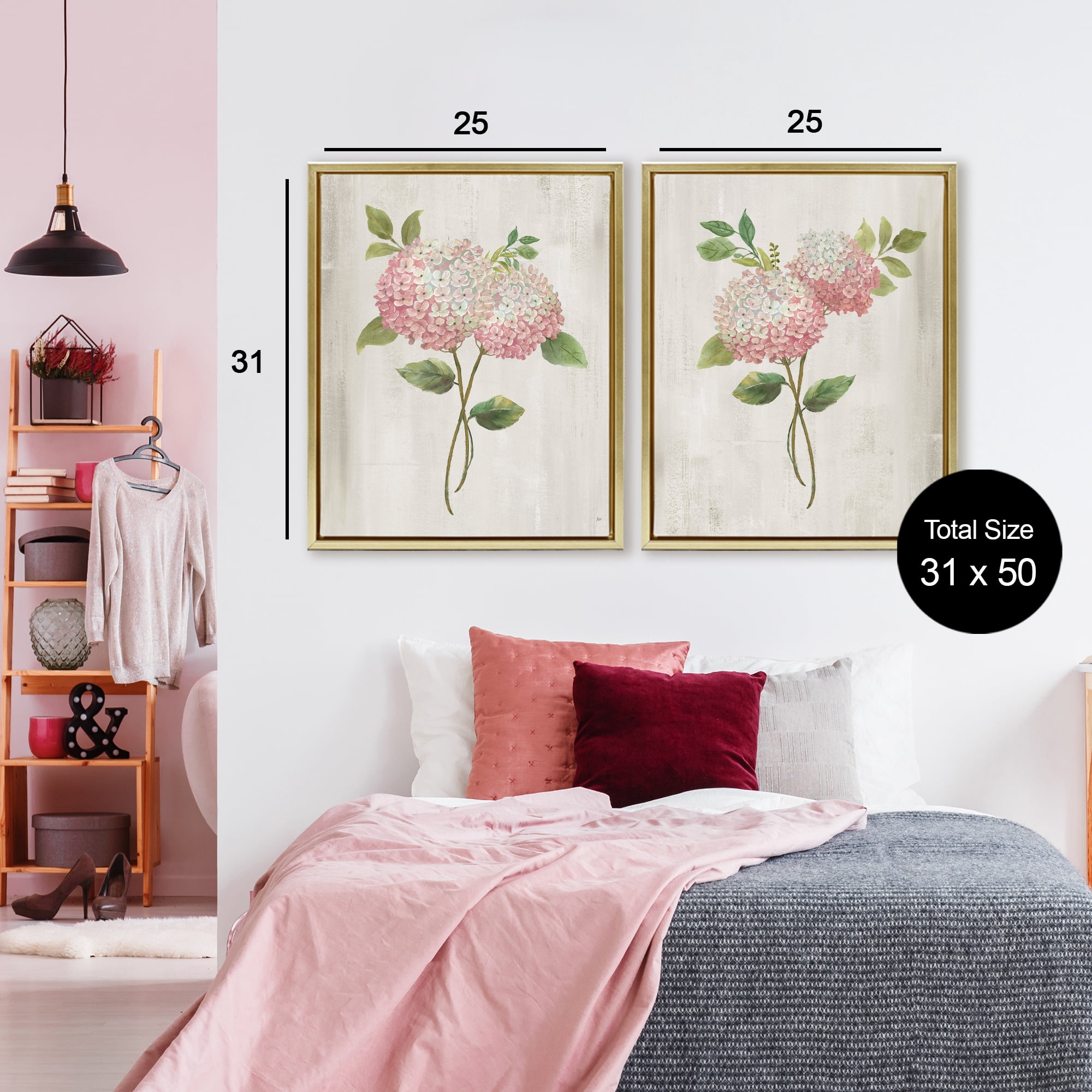 Stupell Industries Vintage Pink Hydrangea Pairs 2 Piece Gold Framed Floater Canvas Set, design by Nan