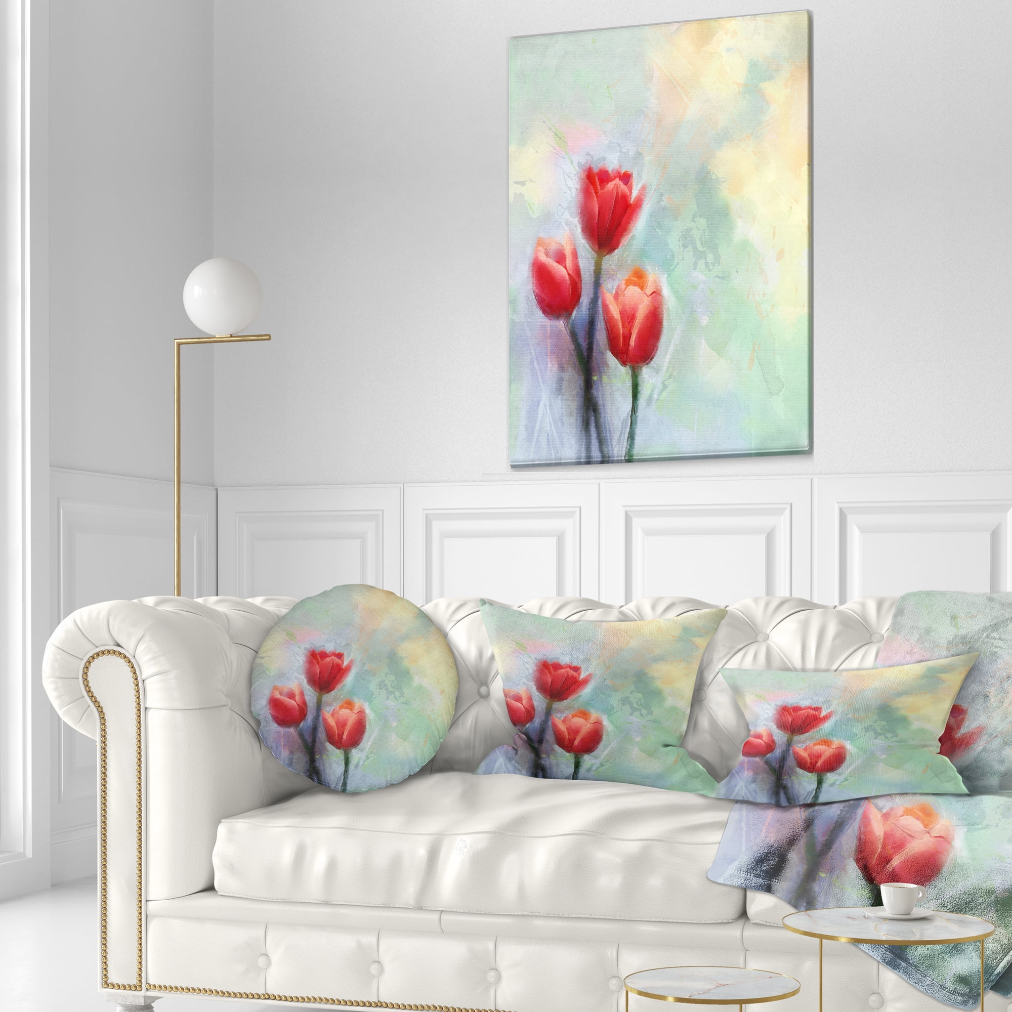 Designart Red Tulips on Light Blue Watercolor - Floral Throw Pillow - 12x20