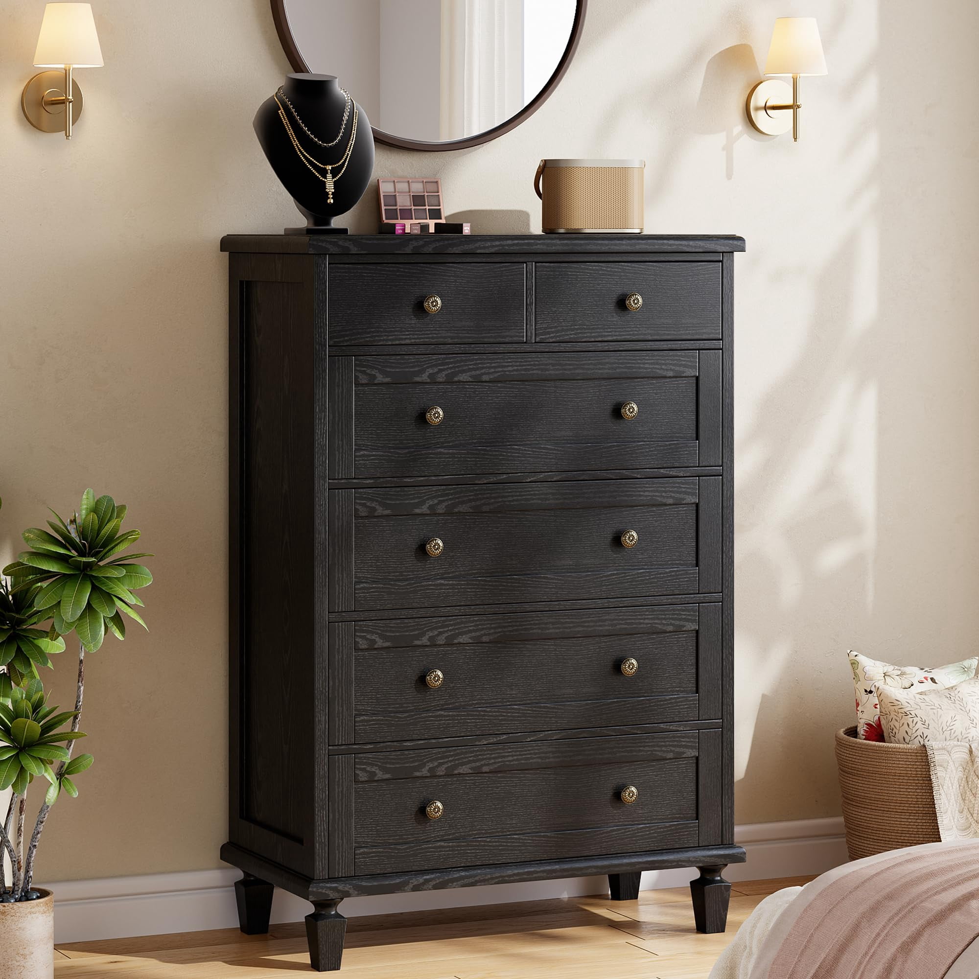 Mid-Century Modern 6 Drawer Dresser – Tall Wood Chest with Carved Handles Tapered Legs Spacious Storage – Distressed Finish – Ideal for Bedroom Living Room Entryway