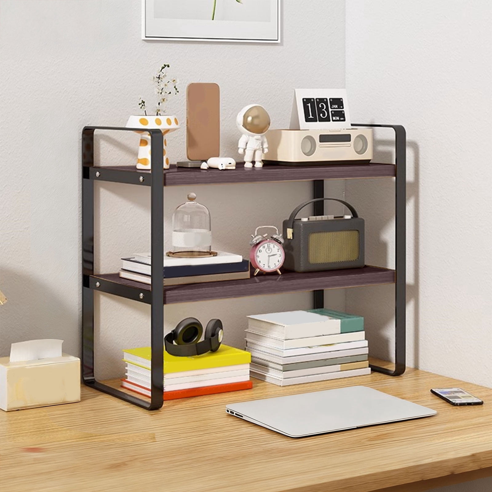 Votnto Double-Tier Desktop Storage Shelf Student Desk Organizer, Office Computer Desk Tiered Shelf for Books Accessories