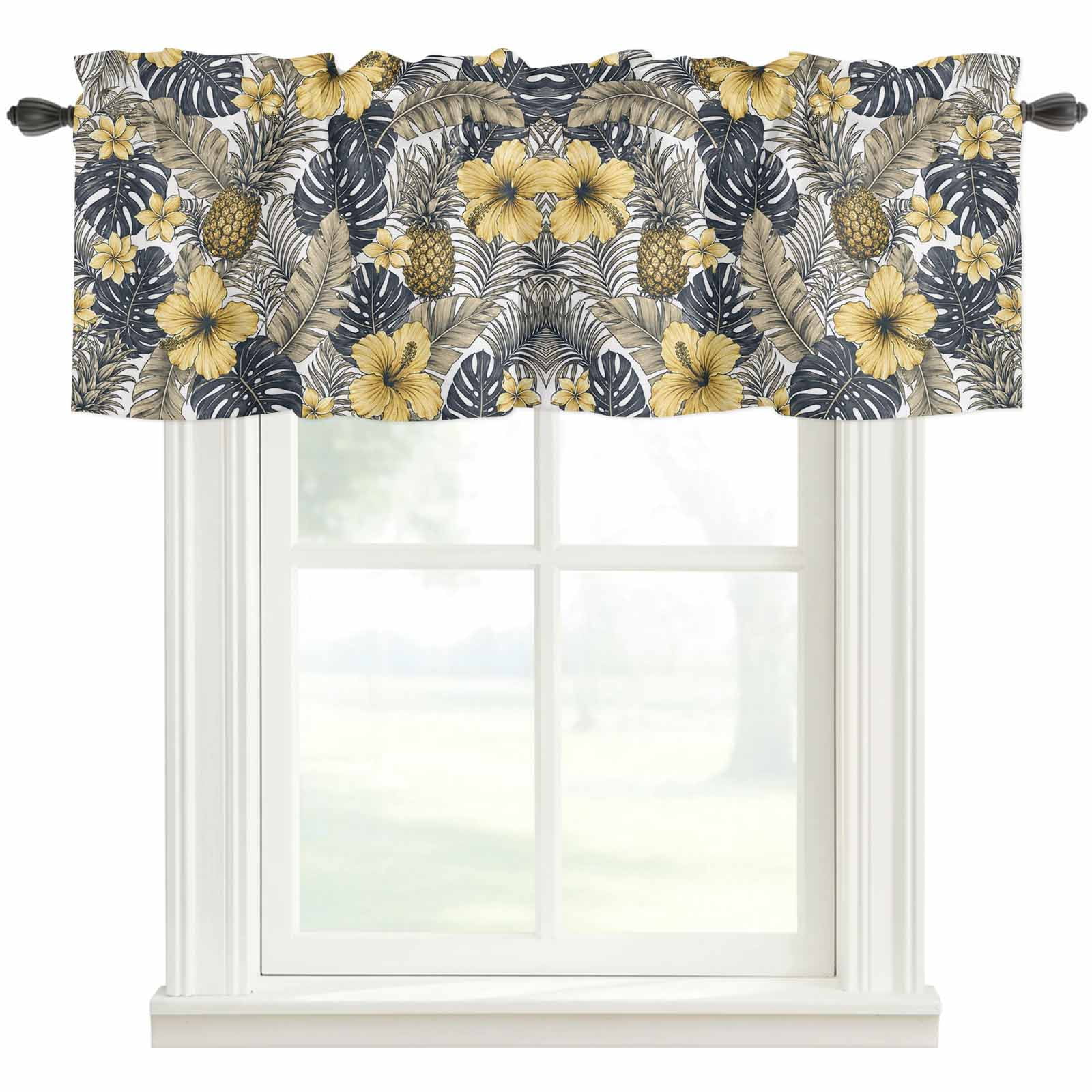 Tropical Plants Valances for Windows Farmhouse Kitchen Curtains Valances Rod Pocket Valance Curtains for Windows Yellow Flowers Pineapple Palm Leaves Window Valances for Bathroom Bedroom 42 x12