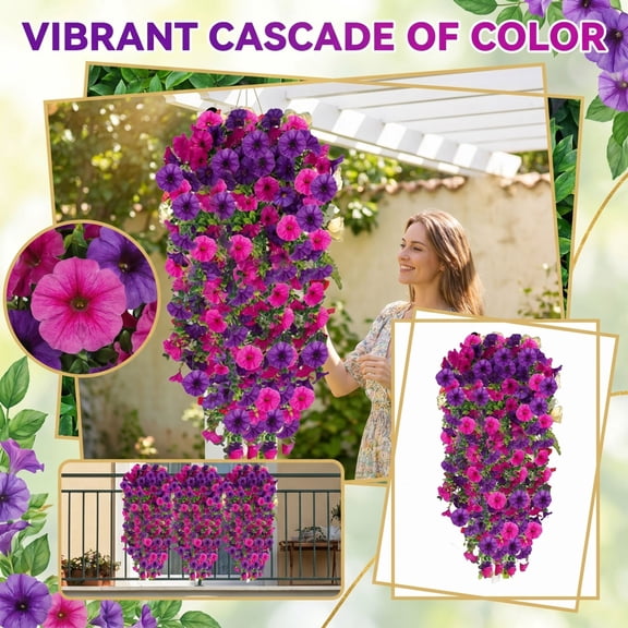 Artificial Hanging Flowers for Outdoor,Simulated Rose Fake Morning Glory Flower UV Resistant Pink Purple Plastic Flowers Vines for Outdoor Home Wedding Garden Yard Hanging Baskets Decoration
