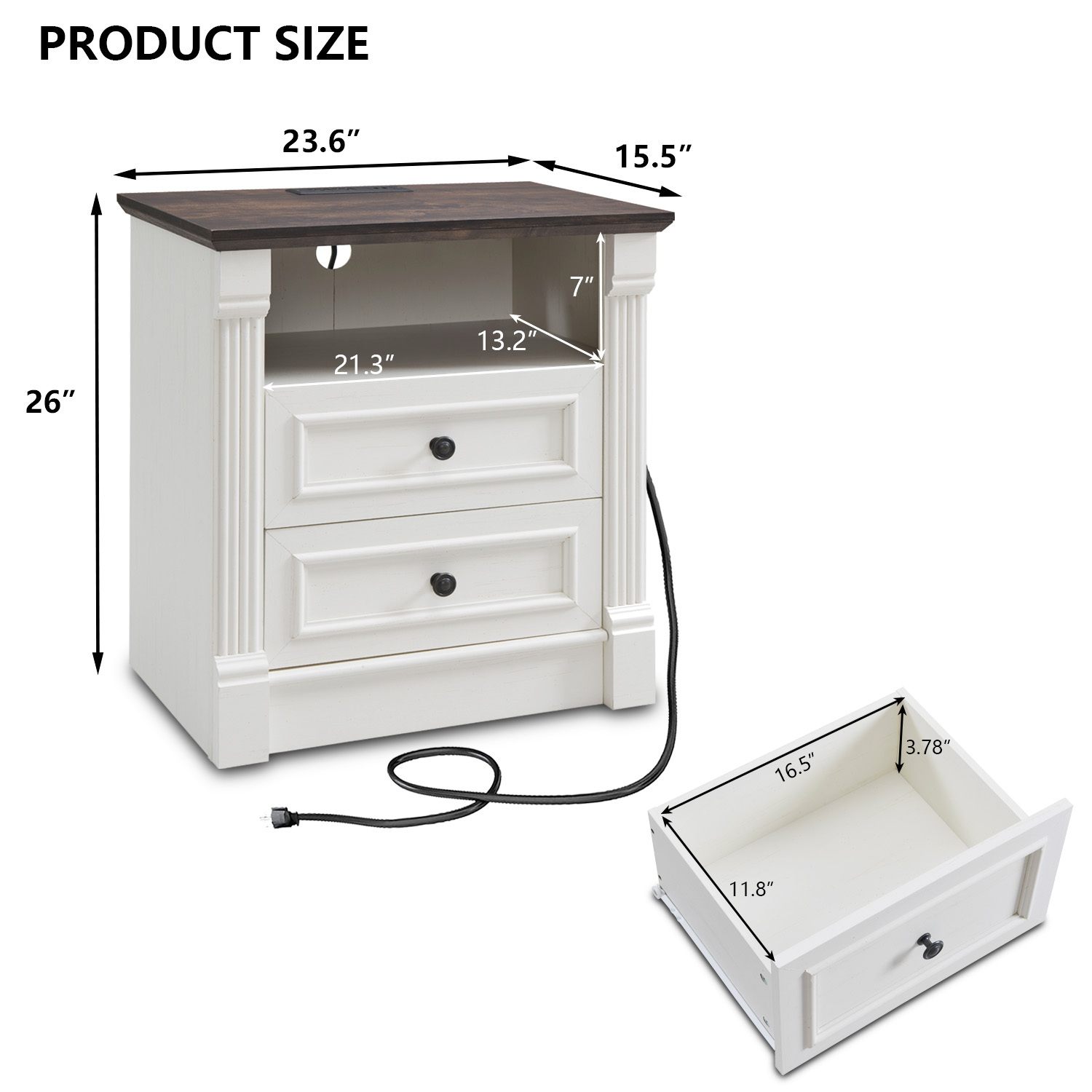 wow97e Farmhouse Nightstand set of 2, End Table w/Charging Station, Roman Column, Wood Rustic Bedside Table w/Open Shlef for Bedroom