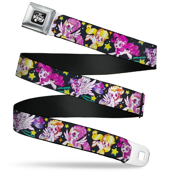 My Little Pony Belt, Seatbelt Buckle Belt, My Little Pony Five Retro Pony Action Pose Black Multi Color, 30 to 44 Inches