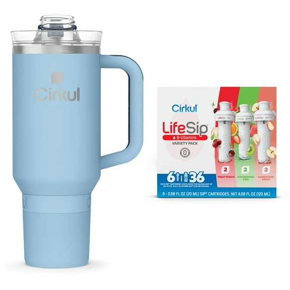 Cirkul 40oz All-Day StrawSip, Raindrop Blue & Cirkul LifeSip Flavor Cartridge Variety Pack, Drink Mix, 6-Pack