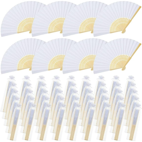 LINLIN 50 Pcs Bamboo Paper Handheld Folding Fan White Chinese Hand Fan with Fabric Sleeve Foldable Wedding Fans for Guests Favour Women Kid Summer Birthday Party Gift Dancing Home Picnic Decoration