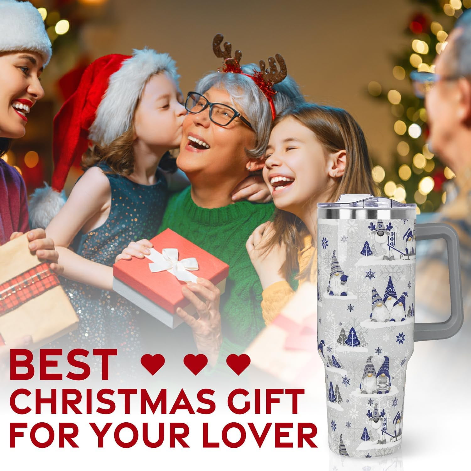 Christmas Gifts 40 oz Tumbler with Handle and Straw Lid,Cute Gifts for Women Winter Gnome Vacuum Insulated Leak Proof Tumbler,Holiday Accessories Stainless Steel Coffee Cup Mug (Blue)