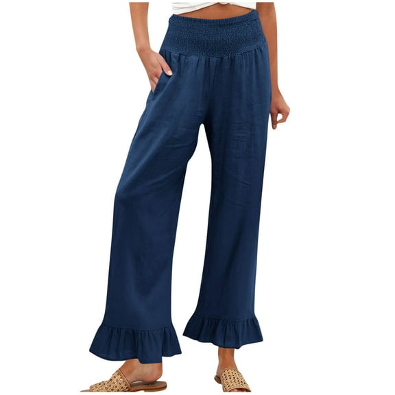Dvprdro Women's Solid High Waisted Wide Leg Pants Stretchy Elastic Waist Hem Ruffle Detail, Casual Flared Trousers with Side Pockets Dark Blue Sizes L